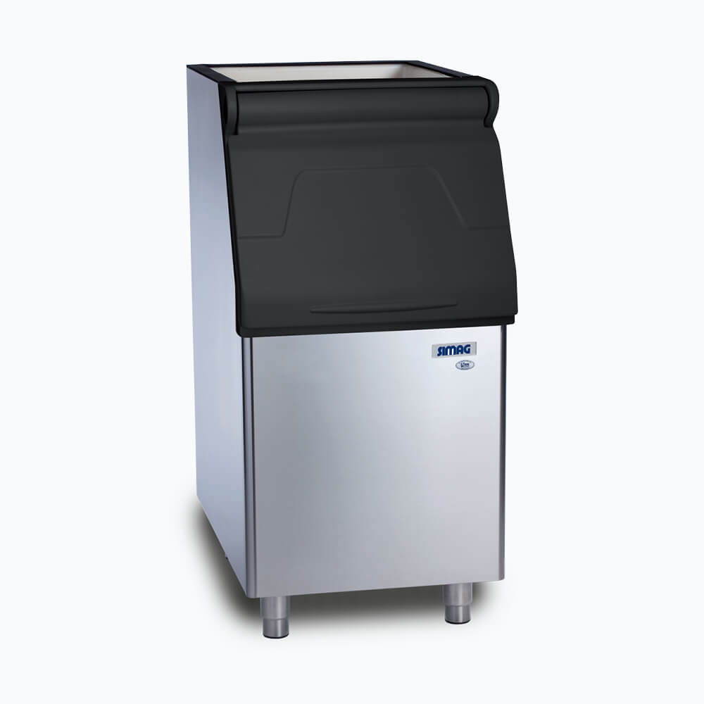 Image of a 129kg black and stainless steel ice machine bin on a grey background.