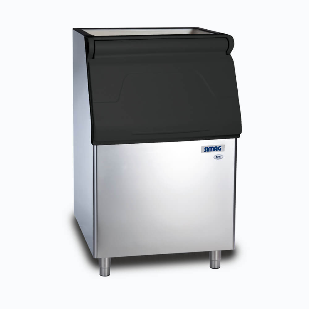 Image of a 243kg black and stainless steel ice machine bin on a grey background.