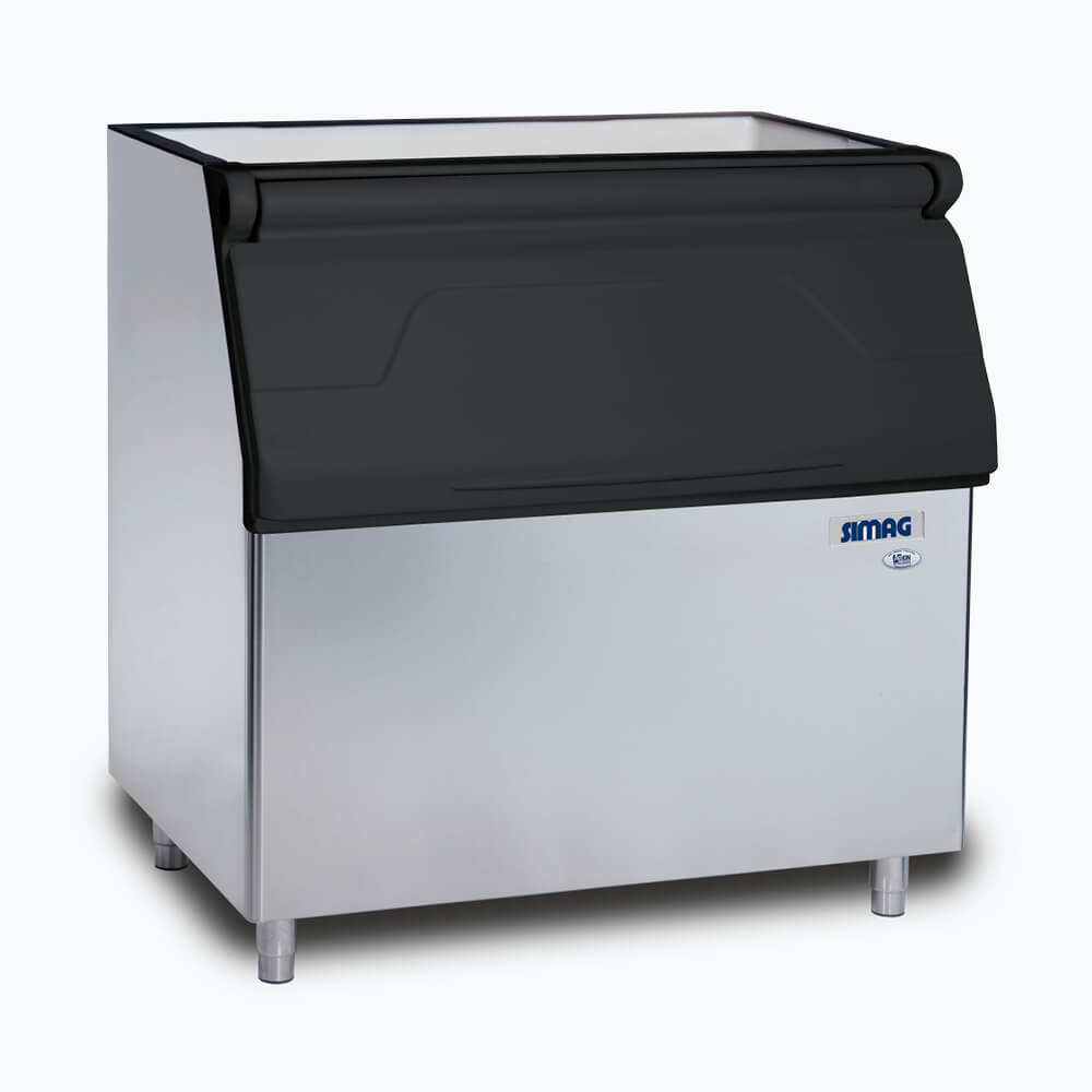 Image of a 406kg black and stainless steel ice machine bin on a grey background.