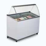 Image of a white 352L chest freezer ice cream/gelato display fridge, left angled view with ice cream inside.