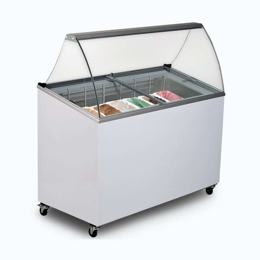 Image of a white 352L chest freezer ice cream/gelato display fridge, left angled view with ice cream inside.