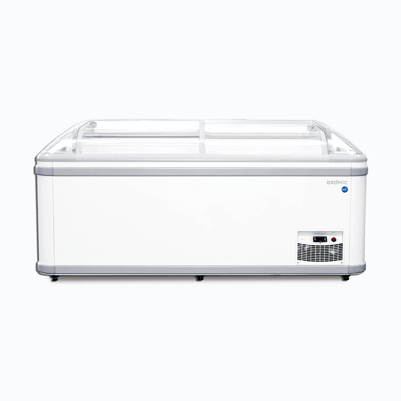 Image of a 1856mm wide white commercial island freezer, front view.