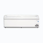 Image of a 2500mm wide white commercial island freezer, front view.