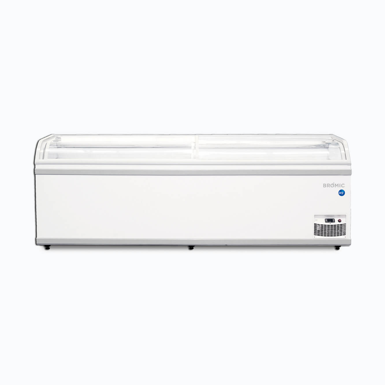 Image of a 2500mm wide white commercial island freezer, front view.