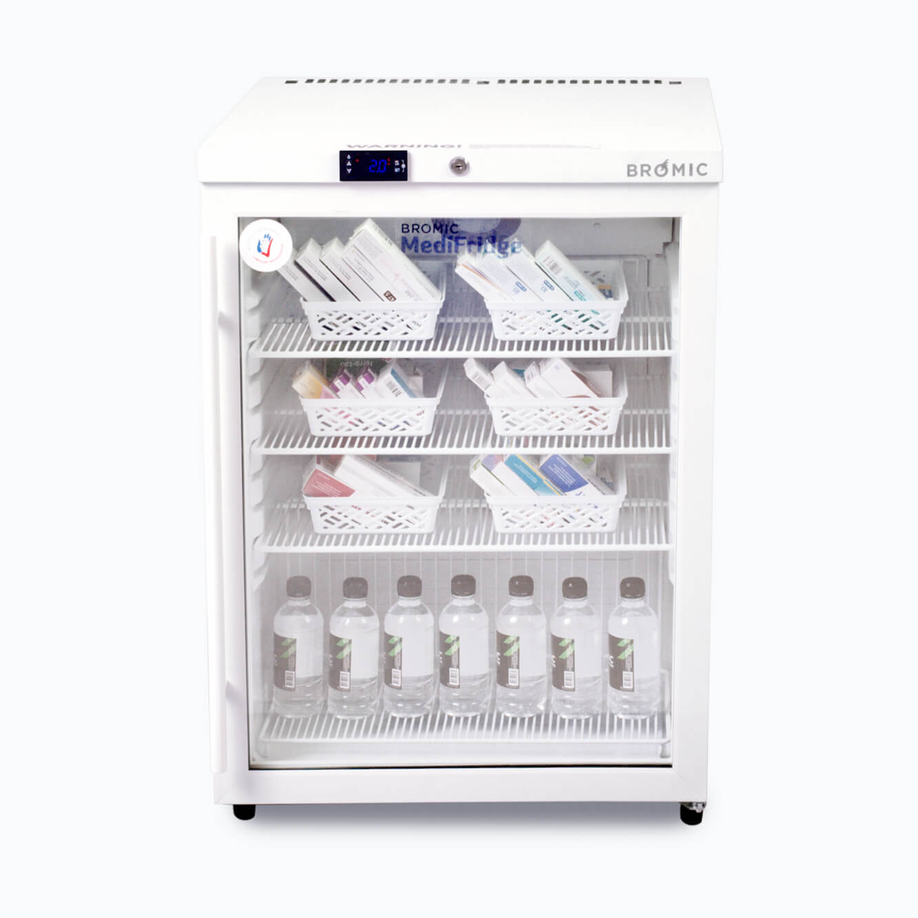 Image of a small 145L display medical and vaccine fridge, front view with medicine inside.
