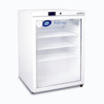 Image of a small 145L display medical and vaccine fridge, left angled view.