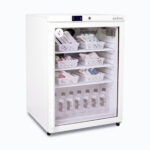 Image of a small 145L display medical and vaccine fridge, left angled view with medicine inside.