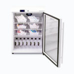 Image of a small 145L display medical and vaccine fridge, door opened with medicine inside.