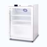 Image of a small 145L display medical and vaccine fridge, right angled view.