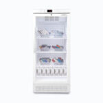 Image of a 220L display medical and vaccine fridge, front view with medicine inside.