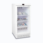Image of a 220L display medical and vaccine fridge, left angled view with medicine inside.