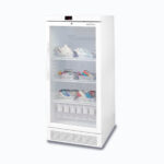 Image of a 220L display medical and vaccine fridge, right angled view with medicine inside.