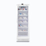 Image of a 374L display medical and vaccine fridge, front view with medicine inside.