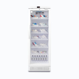 Image of a 374L display medical and vaccine fridge, front view with medicine inside.