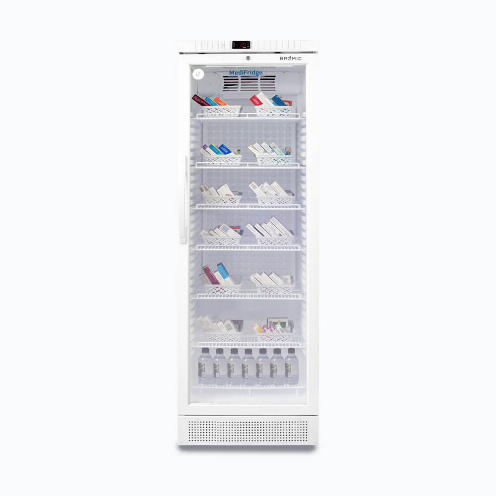 Image of a 374L display medical and vaccine fridge, front view with medicine inside.
