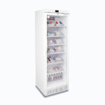 Image of a 374L display medical and vaccine fridge, left angled view with medicine inside.