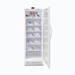 Image of a 374L display medical and vaccine fridge, door opened with medicine inside.