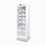 Image of a 374L display medical and vaccine fridge, right angled view with medicine inside.