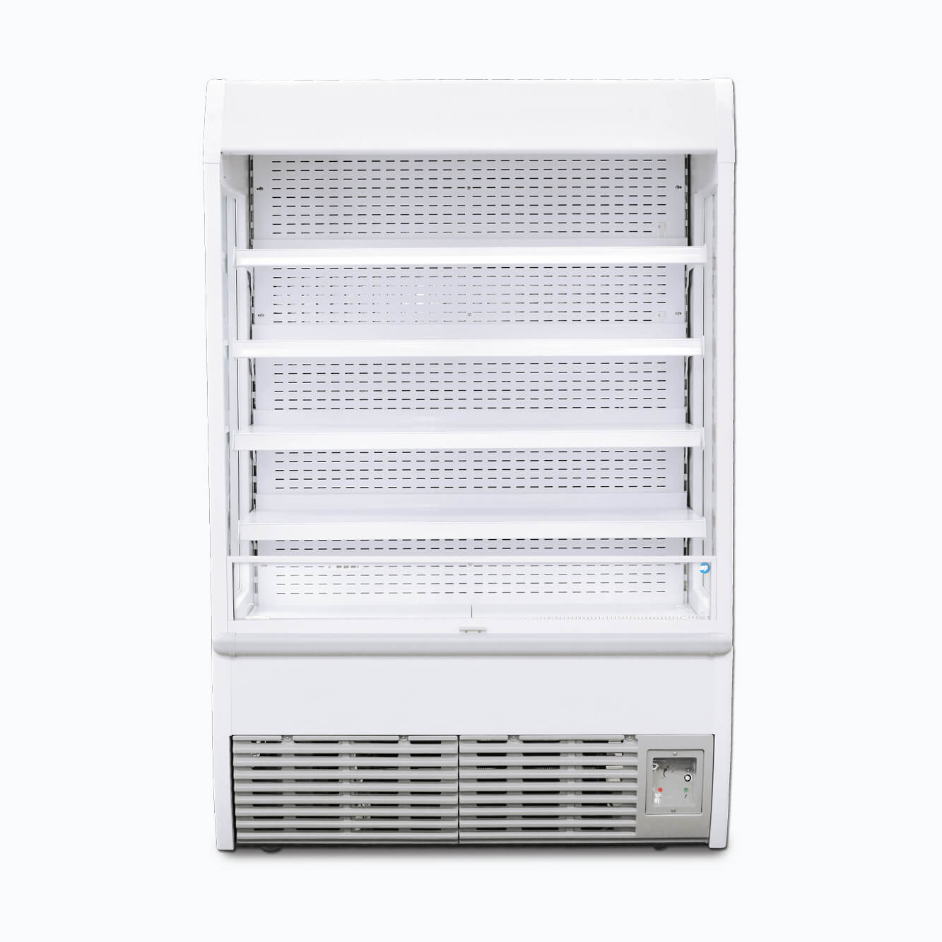 Image of a 1330L white multideck display fridge with open shelves, front view.