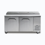 Bromic stainless steel pizza prep fridge with dual doors and refrigerated ingredient rail, ideal for commercial kitchens and foodservice preparation areas.