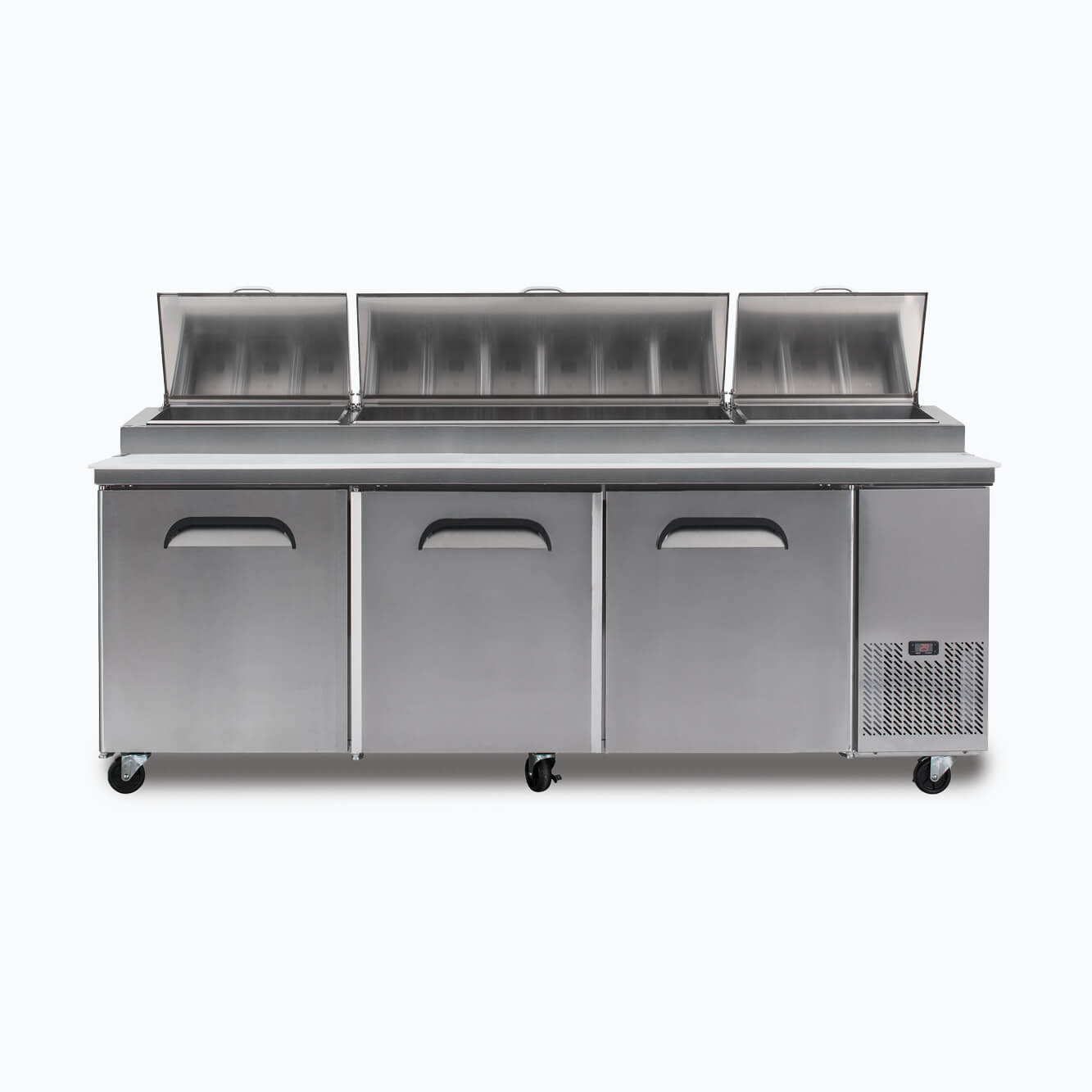 Image of a 2370mm wide stainless steel pizza prep fridge with two doors, pans opened.