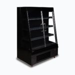 Image of a 939mm wide black semi vertical display fridge with hinged doors, left angled view.
