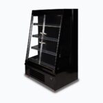 Image of a 939mm wide black semi vertical display fridge with hinged doors, right angled view.