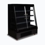 Image of a 1250mm wide black semi vertical display fridge with hinged doors, left angled view.