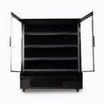 Image of a 1250mm wide black semi vertical display fridge with hinged doors, opened.