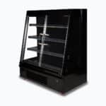 Image of a 1250mm wide black semi vertical display fridge with hinged doors, right angled view.