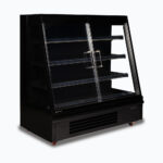 Image of a 1580mm wide black semi vertical display fridge with hinged doors, left angled view.