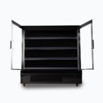 Image of a 1580mm wide black semi vertical display fridge with sliding doors, opened.