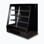 Image of a 1580mm wide black semi vertical display fridge with hinged doors, left angled view.