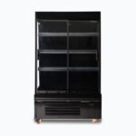 Image of a 939mm wide black semi vertical display fridge with sliding doors, front view.