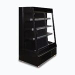 Image of a 939mm wide black semi vertical display fridge with sliding doors, left angled view.