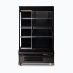 Image of a 939mm wide black semi vertical display fridge with sliding doors, opened.