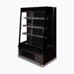Image of a 939mm wide black semi vertical display fridge with sliding doors, right angled view.