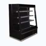 Image of a 1250mm wide black semi vertical display fridge with sliding doors, left angled view.