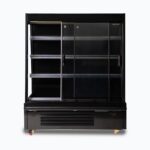 Image of a 1250mm wide black semi vertical display fridge with sliding doors, opened.