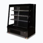 Image of a 1250mm wide black semi vertical display fridge with sliding doors, right angled view.