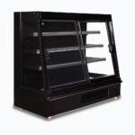 Image of a 1875mm wide black semi vertical display fridge with sliding doors, left angled view.