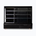 Image of a 1875mm wide black semi vertical display fridge with sliding doors, opened.