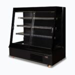 Image of a 1875mm wide black semi vertical display fridge with sliding doors, right angled view.