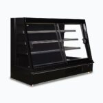 Image of a 2500mm wide black semi vertical display fridge with sliding doors, left angled view.