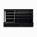 Image of a 2500mm wide black semi vertical display fridge with sliding doors, opened.