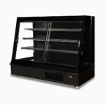 Image of a 2500mm wide black semi vertical display fridge with sliding doors, right angled view.