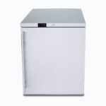 Image of a 115L stainless steel under bench storage freezer with one hinged door, front view.