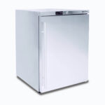 Image of a 115L stainless steel under bench storage freezer with one hinged door, left angled view.