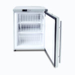 Image of a 115L stainless steel under bench storage freezer with one opened hinged door.