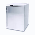 Image of a 115L stainless steel under bench storage freezer with one hinged door, right angled view.